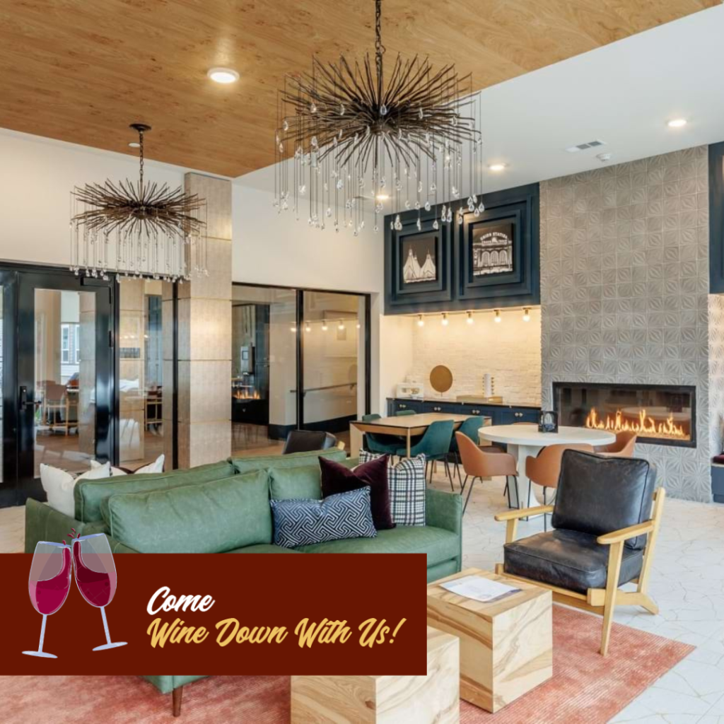 Common area in The Cameron with Wine Down branding